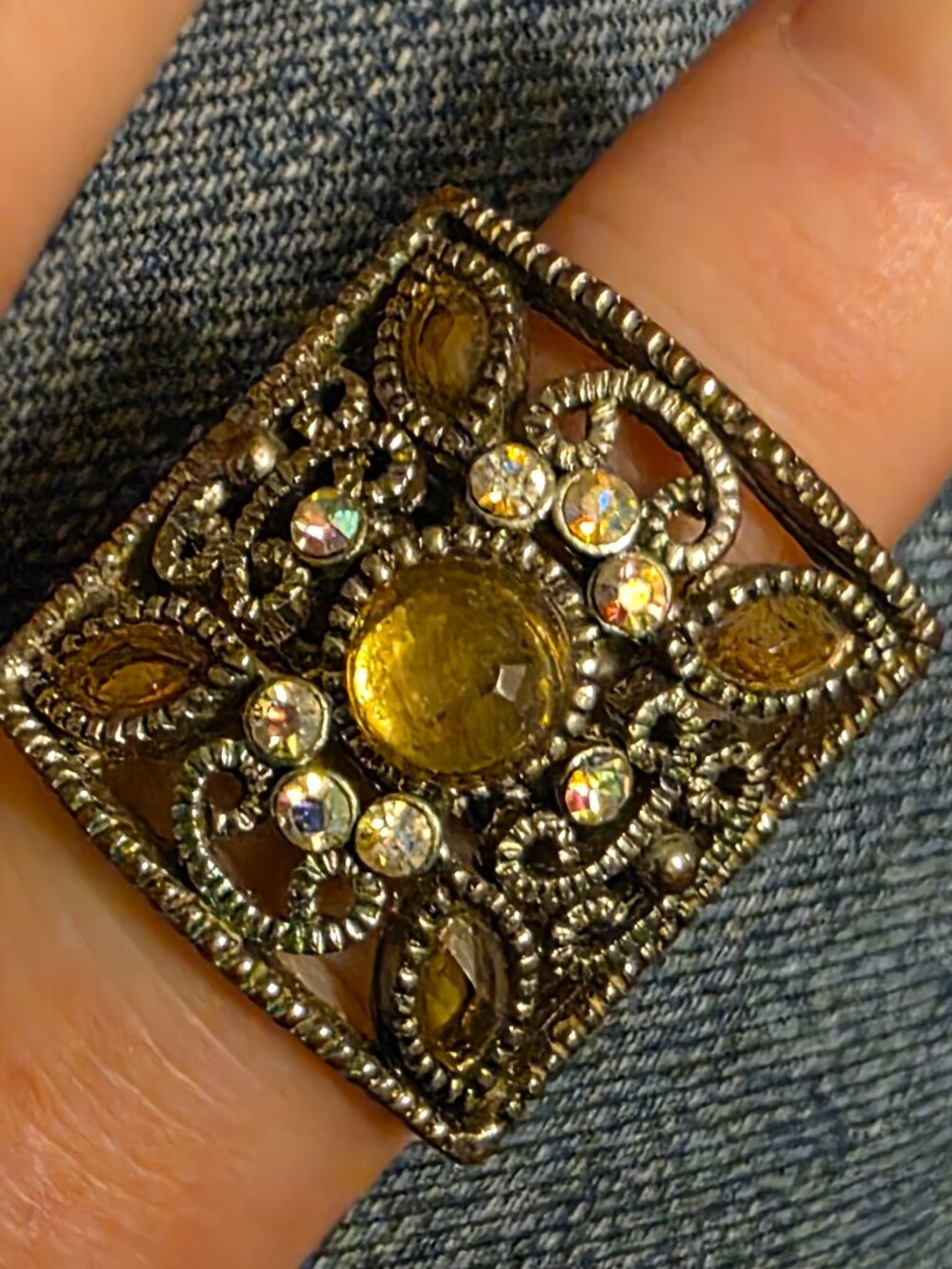 Antiqued Brass Tone Amber Cabochon Rhinestone Statement Ring 8 Filigree Boho